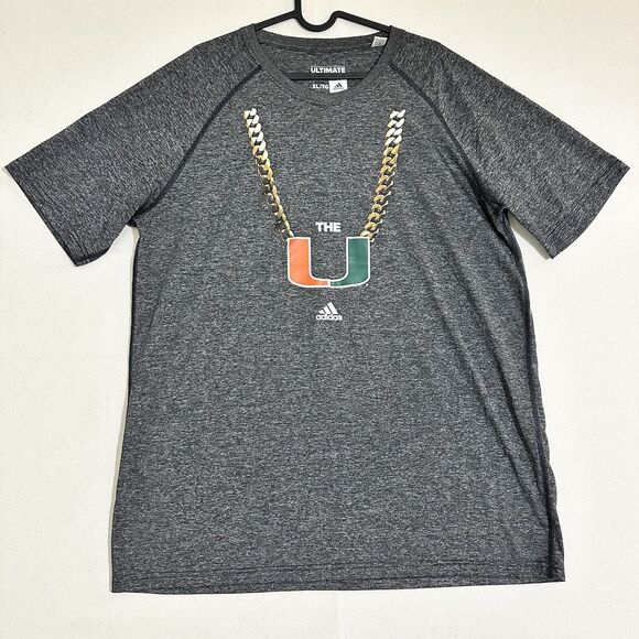 Adidas Ultimate Tee Miami Hurricanes UM Gold Chain Gray Shirt Men Size XL - Picture 1 of 7